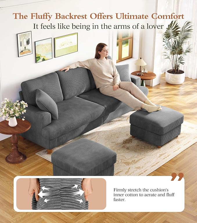 Kidirect 87in U Shaped Couch, Modular Sofa No Tool Assembly, Comfy Sectional Couches for Living Room 21in Deeper Seats, Corduroy Sofas for Living Room with 2 Pillows, Loveseat Sofa Set, Grey Couch