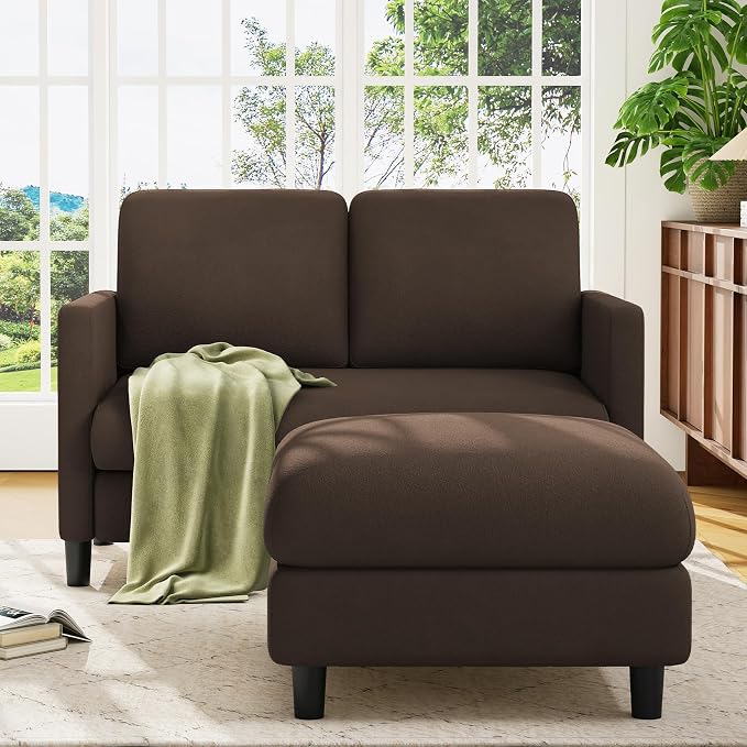 Welzona Loveseat, 51" Small L Shaped Couch, Comfy Teddy Love Seat with Ottoman Set, Tool-Free Setup Loveseat Sofa with Ottoman, All-Wood Small Sofa Couch for Bedroom, Couch for Living Room, Brown