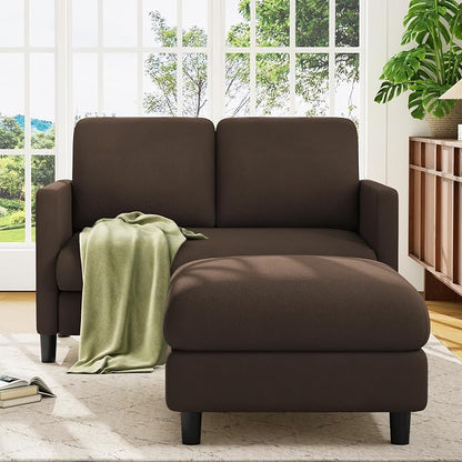 Welzona Loveseat, 51" Small L Shaped Couch, Comfy Teddy Love Seat with Ottoman Set, Tool-Free Setup Loveseat Sofa with Ottoman, All-Wood Small Sofa Couch for Bedroom, Couch for Living Room, Brown