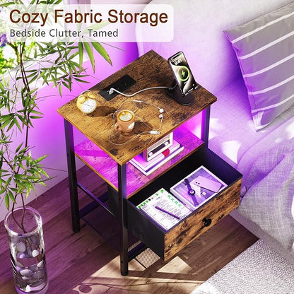 LOAKEKEL Nightstand with Charging Station, End Table with Fabric Drawer, LED Night Stand for Bedroom, Small Bed Side Table with USB Ports and Outlets, Brown, HETS01BR-1