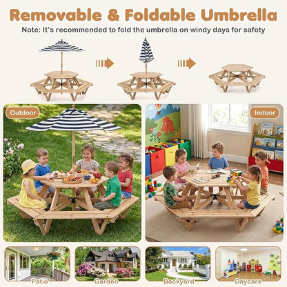 Costzon Kids Picnic Table, Hexagonal Wooden Toddler Outdoor Table and Bench Set with Removable Umbrella, Kids Outdoor Furniture for Patio Lawn Garden Backyard, Seats Up to 6 Children Age 3+ (Natural)