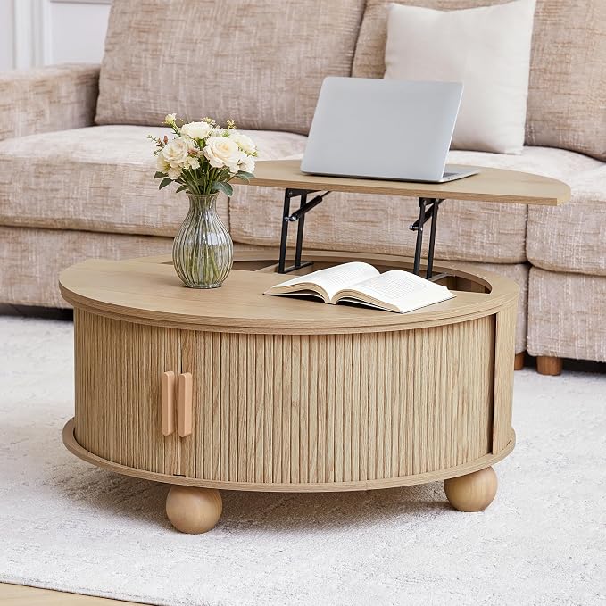 Fluted Round Lift Top Coffee Table with Hidden Storage, 33.5'' Modern Boho Center Table with Sliding Tambour Door & Solid Wood Legs, Circle Coffee Table for Living Room, Small Space, Natural