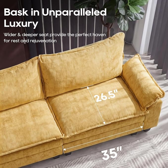 URRED Oversized Modular Sectional Sofa, 122" L Shaped Modern Comfy Cloud Couch with Movable Ottoman & Pillows, Deep Seat Couches for Living Room, Bedroom or Apartment (Chenille Yellow, 122" L Shaped)
