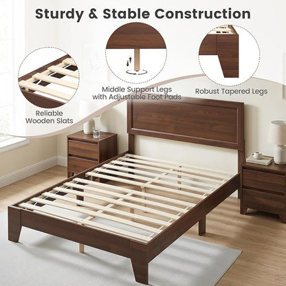 KOMFOTT Full Size Bed Frame, Mid-Century Modern Platform Bed with Headboard, Wooden Slat Support Mattress Foundation, Under-Bed Storage Space, No Box Spring Needed (Walnut,Full)