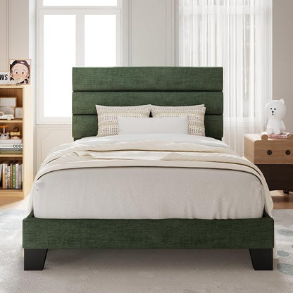 Allewie Twin Size Platform Bed Frame with Fabric Upholstered Headboard and Wooden Slats Support, Fully Upholstered Mattress Foundation/No Box Spring Needed/Easy Assembly, Green