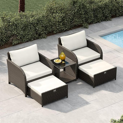 Garvee 5-Piece Outdoor Patio Conversation Set, PE Rattan Wicker Patio Furniture with Hidden Ottomans, Soft Cushions & Glass Coffee Table, Outdoor Lounge Chairs for Porch, Backyard, Balcony