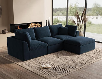 ohllob 110" Cloud Sectional Couches for Living Room, Boneless L-Shaped Couch with Ottoman, Modular Sectional Sofa, Dark Blue