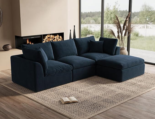 ohllob 110" Cloud Sectional Couches for Living Room, Boneless L-Shaped Couch with Ottoman, Modular Sectional Sofa, Dark Blue