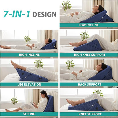 Wedge Pillow for Sleeping, Adjustable 9&12 Inch Foldable Bed Wedge Pillow Set, Orthopedic Memory Foam Triangle Pillows Wedge, 7-in-1 Elevated Pillows for Leg and Back Support, Navy
