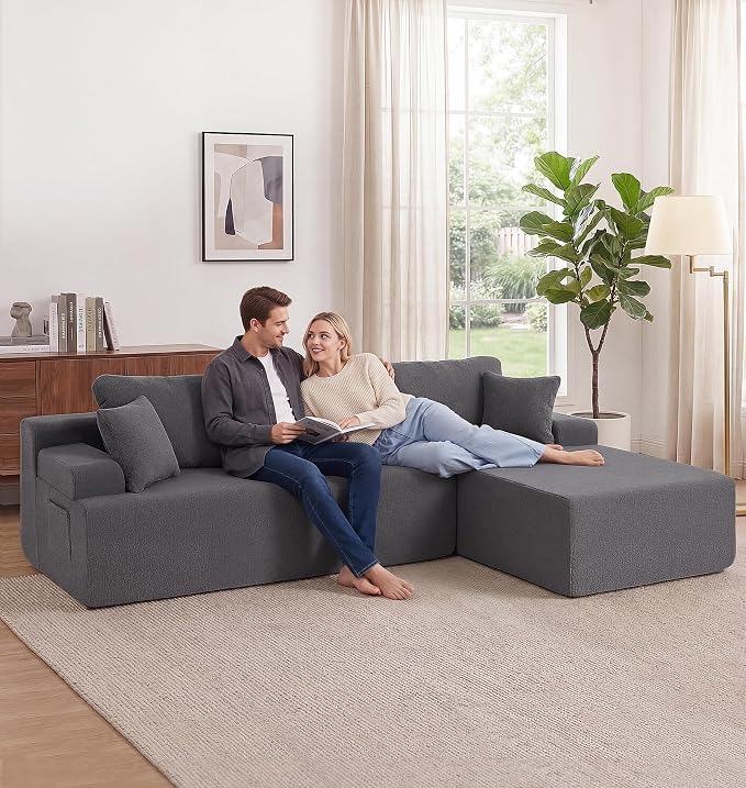 Hobestluk Modular Sectional Sofa Couches L-Shape Couch 3 Seat Modular Sofa Memory Foam Sectional Couches for Living Room, Cloud Couch with Oversized Chaise (Grey Smooth, 96", Right Hand Facing)