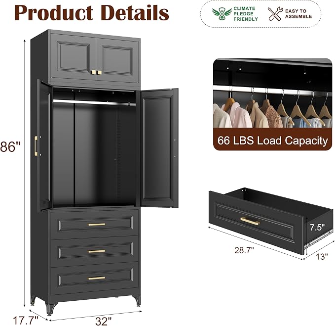 SteeLoong 86" Metal Armoire Wardrobe Closet with 3 Drawers,Tall Clothing Storage Cabinet with Adjustable Shelves and Hanging Rod,Black Wardrobe Closet for Bedroom,Home,Bathroom,Gym