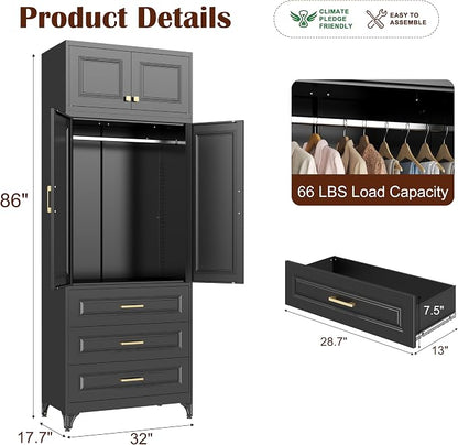 SteeLoong 86" Metal Armoire Wardrobe Closet with 3 Drawers,Tall Clothing Storage Cabinet with Adjustable Shelves and Hanging Rod,Black Wardrobe Closet for Bedroom,Home,Bathroom,Gym
