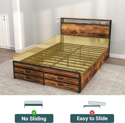 Zevemomo Queen Bed Frame with 8 Storage Drawers, Queen Metal Bed Frame with LED Light and Charging Station, Heavy Duty Metal Slats, No Box Spring Needed, Rustic Brown