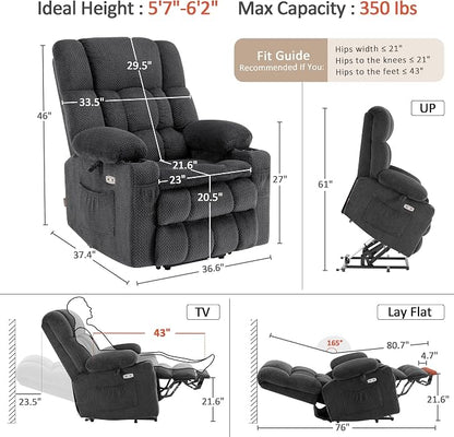 MCombo Large Dual Motor Power Lift Recliner Chair for Elderly, Zero Gravity Lift Chair with Heat and Massage, Infinite Position Lay Flat Recliner, USB Ports, Fabric 7896 (Large, Dark Gray)