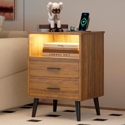 LVSOMT Brown Bedroom Nightstand with Charging Station and LED Lights, Modern Bedside Table with Hidded Drawer, Smart Night Stand with Open Storage Shelf, USB Port, Metal Legs