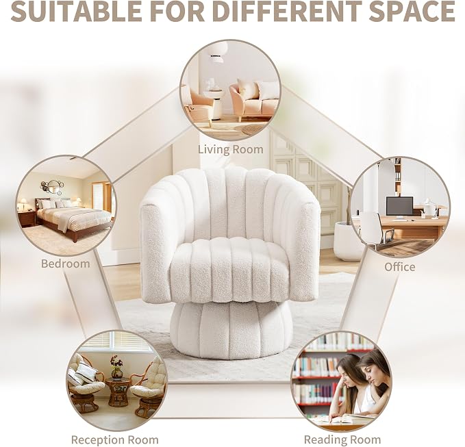 Swivel Accent Barrel Chair Set of 2- Cute Comfy Small Round 360° Arm Chair Teddy Sofa Club Reading Chair for Living Room Bedroom Office White