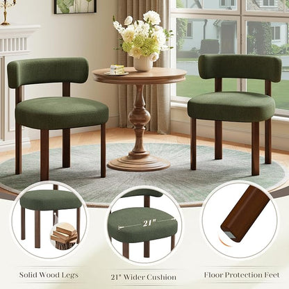 Wooden Dining Chairs Set of 2, Upholstered Kitchen Chairs with Solid Wood Legs, Mid Century Dining Room Chair with Ergonomic Curved Backrest for Kitchen Dining Vanity, Green