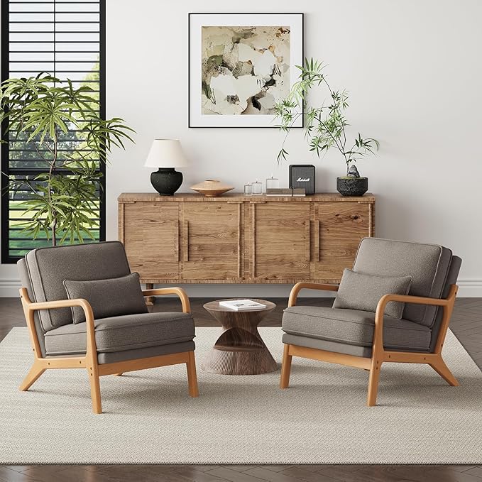 MALOL Mid-Century Accent Chair Set of 2 with Solid Wood Frame, Reading Relaxing Armchair Lumbar Pillow& Soft Cushion, Leisure Chair for Living Room, Bedroom, Waiting Room-Grey