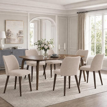 COLAMY Dining Chairs Set of 6, Upholstered Fabric Kitchen Chairs with Curved Back, Padded Seat and Solid Wood Legs, Modern Dining Chair for Kitchen Dining Room, Camel