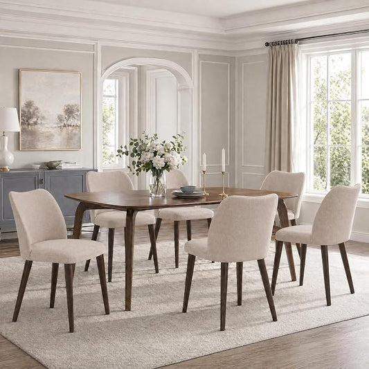 COLAMY Dining Chairs Set of 6, Upholstered Fabric Kitchen Chairs with Curved Back, Padded Seat and Solid Wood Legs, Modern Dining Chair for Kitchen Dining Room, Camel