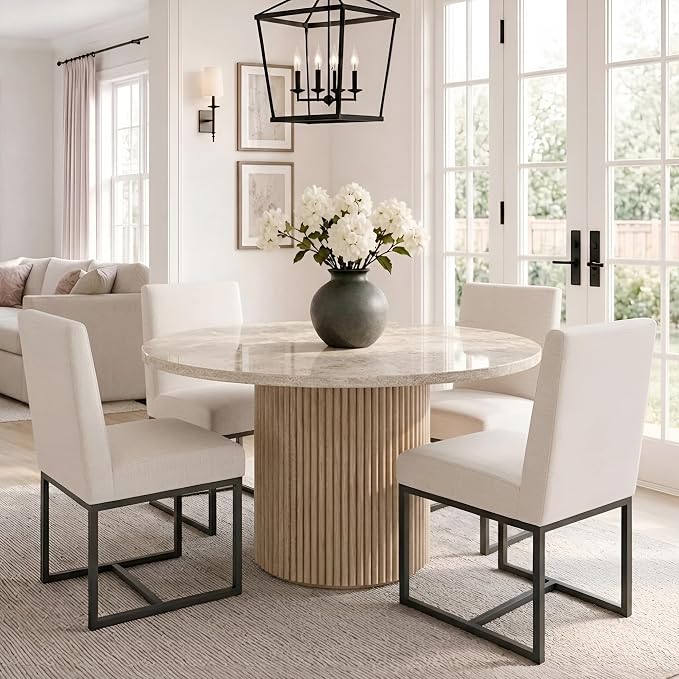 HNY Modern Dining Chairs Set of 4, Upholstered Linen Dining Room Chairs with Ergonomic Back & Metal Frame for Home, Kitchen, Apartment, Cream