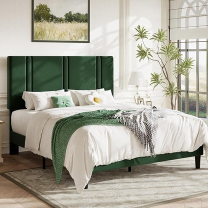 Allewie Full Size Platform Bed Frame with Adjustable Headboard, Plush Velvet Upholstered, Vertical Channel Tufted, Sturdy Wooden Slats, No Box Spring Needed, Easy Assembly, Green