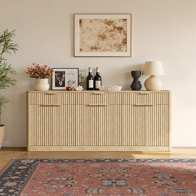 Evermagin 67" Fluted Oak Sideboard Buffet Cabinet with 3 Drawers, Modern Credenza with Storage, Console Coffee Bar Cabinet for Kitchen, Living Room and Entryway (67" W x 31.5" H x 15.7" D)