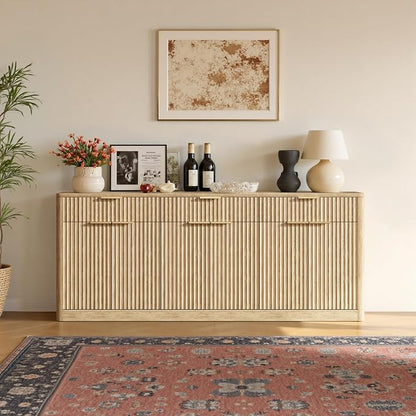 Evermagin 67" Fluted Oak Sideboard Buffet Cabinet with 3 Drawers, Modern Credenza with Storage, Console Coffee Bar Cabinet for Kitchen, Living Room and Entryway (67" W x 31.5" H x 15.7" D)