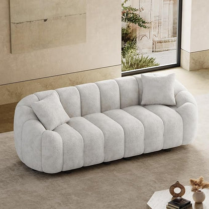 92" Oversized Minimalistic Boucle Sofa for Living Room, Luxury Plush Extra Deep Seat Tufted Sofa, Modern Comfy Curved Cloud Couch, Upholstered 3-Seater Chenille Couches, Beige White