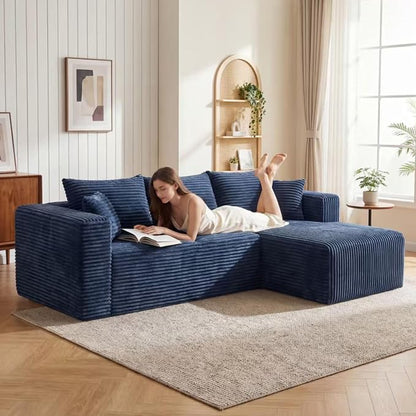 Modular Sectional Sofa, Boneless Compressed Sofa in a Box, L-Shaped Cloud Couch with Deep Seats & Chaise for Living Room, No Assembly Required (Blue, 92.5" L-Shape with Right Facing Chiase)