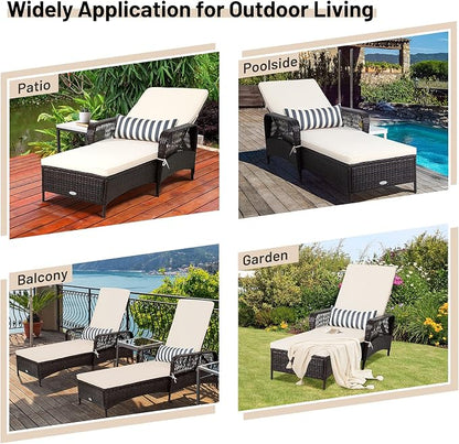 COSTWAY PE Rattan Chaise Lounge Chair, 6 Gear Adjustable Recliner with Armrest & Pillow, Wicker Outdoor Furniture for Deck, Patio (2, Brown)