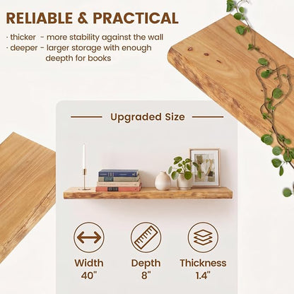 Venusmiles Live Edge Elm Floating Shelves for Wall Decor, Rustic Solid Wood Shevles Wall Mounted with Invisible Bracket for Living Room Bathroom Bedroom Kitchen, 40 Inch Set of 1, Natural