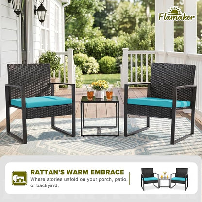 Flamaker Patio Set Outdoor Wicker Furniture, Modern Bistro Set with Rattan Chair and Coffee Table for Yard (Blue)