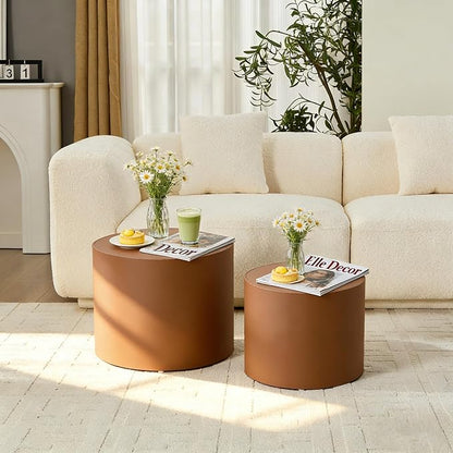 Round Coffee Table Set of 2, Modern Leather Circle Accent Tables, Minimalist Wooden Drum Side Table for Small Spaces Living Room Bedroom Balcony Office. Brown