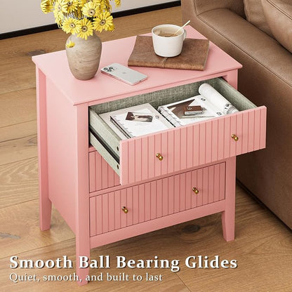 Night Stand, Fluted 3 Drawer Wide Farmhouse Nightstand with Gold Handle, Modern Wooden Bedside End Table for Bedroom, Living Room, Pink