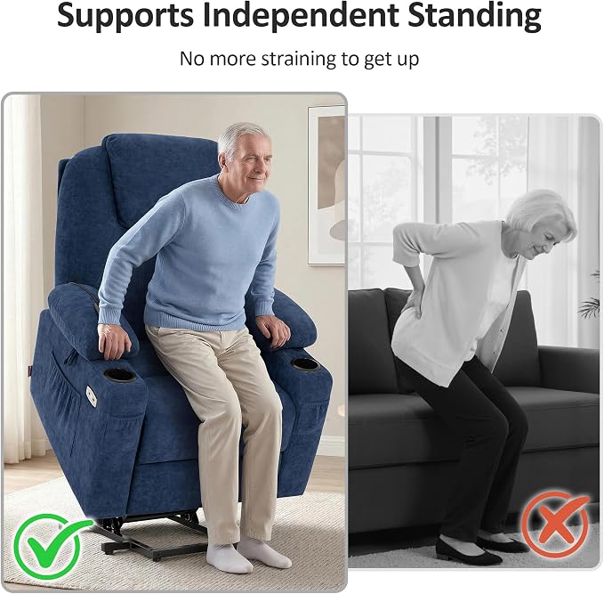 MCombo Power Lift Recliner Chair for Elderly, Lift Chair with Heat and Massage, USB&Type C Ports, Extended Footrest, Cup Holders, Fabric 7040 (Medium, Admiral)