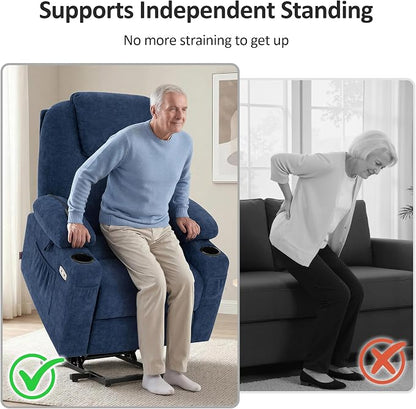 MCombo Power Lift Recliner Chair for Elderly, Lift Chair with Heat and Massage, USB&Type C Ports, Extended Footrest, Cup Holders, Fabric 7040 (Medium, Admiral)