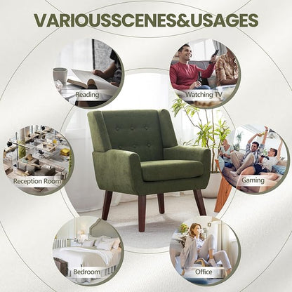 HUIMO Accent Chairs for Living Room,Button-Tufted Upholstered Armchair with Wooden Legs,Comfy Mid Century Modern Chair for Bedroom Apartment Waiting Room Green