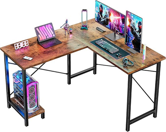 DUMOS L Shaped Desk, Computer Gaming Desks Corner Office Table with CPU Shelf for Home Study Writing Work Station 50 Inch, Sturdy Modern Design, Study, and Home Office Use, Rustic Brown