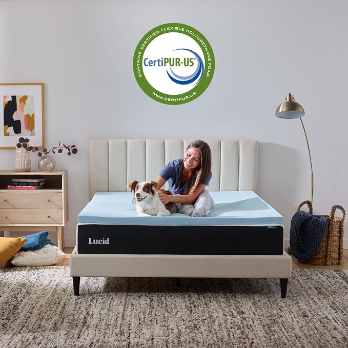 Lucid 2 Inch Memory Foam Mattress Topper, Twin Size – Cooling Gel Bed Topper – Pressure-Relieving Plush Feel – Ventilated Breathable Design – CertiPur Certified - Dorm Essentials