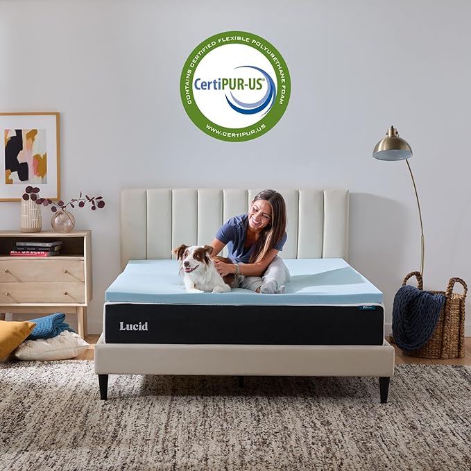Lucid 3 Inch Memory Foam Mattress Topper, Full XL Size – Cooling Gel Bed Topper – Preassure-Relieving Deep Plush Feel – Ventilated Breathable Design – CertiPur Certified - Dorm Room Essentials