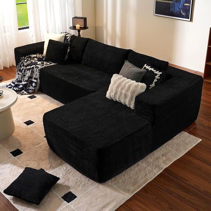ovios 104" Cloud Boneless Couch with L-Shape Chaise,Modern Sectional Modular Sofa with Deep Seat, Upholstered Couches for Living Room Bedroom,No Assembly Required, Black (Corduroy Fabric)