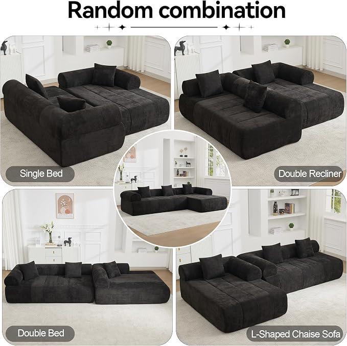 119'' Curved Boneless Sofa Couch, 3 Seat Cloud L Shaped Deep Seat Couches for Living Room, No Assembly Modular Sofa with Right Chaise Lounge, Black