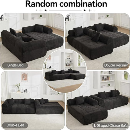 119'' Curved Boneless Sofa Couch, 3 Seat Cloud L Shaped Deep Seat Couches for Living Room, No Assembly Modular Sofa with Right Chaise Lounge, Black