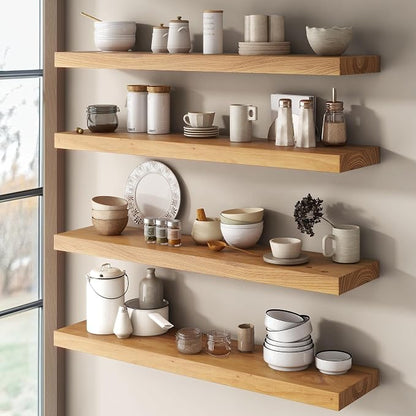 Venusmiles Elm Floating Shelves for Wall Decor, Rustic Solid Wood Shevles Wall Mounted with Invisible Bracket for Living Room Bathroom Bedroom Kitchen, 16 Inch Set of 2, Natural
