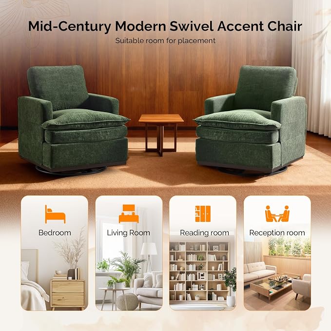 VINGLI 360° Swivel Accent Chairs Set of 2 with Double-Layer Seat Cushions, Comfy Single Square Sofa Armchairs, Upholstered Club Chairs for Living Room,Bedroom, Reading Room, Chenille Green