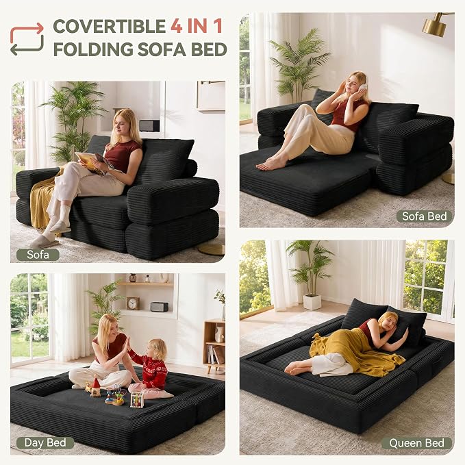 Jocoevol 4-in-1 Convertible Folding Sofa Bed, 78"W x 68"L Queen Size Foldable Sleeper Sofa Bed, Wide Corduroy Upholstery, Boneless Mattress Couch with Armrests & Neck Pillow for Living/Bedroom, Black