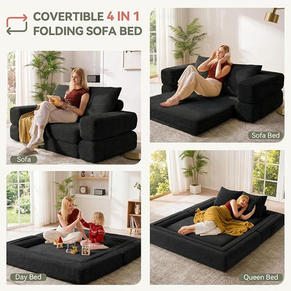 Jocoevol 4-in-1 Convertible Folding Sofa Bed, 78"W x 68"L Queen Size Foldable Sleeper Sofa Bed, Wide Corduroy Upholstery, Boneless Mattress Couch with Armrests & Neck Pillow for Living/Bedroom, Black