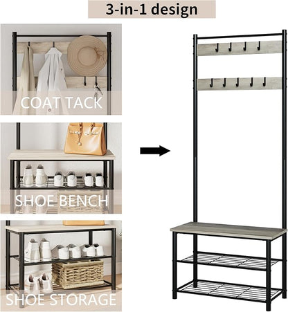 Hall Tree with Bench and Shoe Storage, 3-in-1 Coat Rack, Freestanding Wooden Coat Rack with Shoe Bench with Metal Frame, 3-Tier Storage Shelf and 9 Removable Hooks, Greige