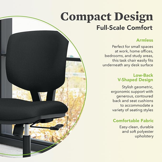 HON Volt Ergonomic Office Chair with Fabric Seat and Back, Armless Desk and Computer Chair with Adjustable Center‑Tilt Recline and Wheels for Home Office or Workstation, Black